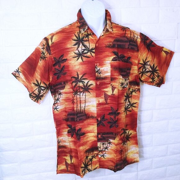 Vintage 80s Robinsons Red Bag Aloha Shirt -M Pocket SSL Vents Tropical Palm Tiki - Picture 1 of 11